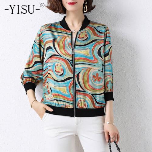 YISU Female Thin zipper cardigan Women Jacket Spring tops Fashion Printing Long sleeves Baseball collar Coat Slim Short Jacket