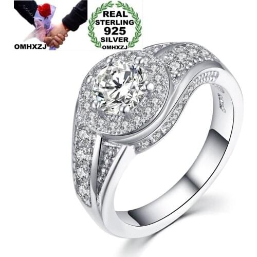 OMHXZJ Wholesale European Fashion Woman Girl Party Birthday Wedding Gift Round White AAA Zircon 925 Sterling Silver Ring RR830