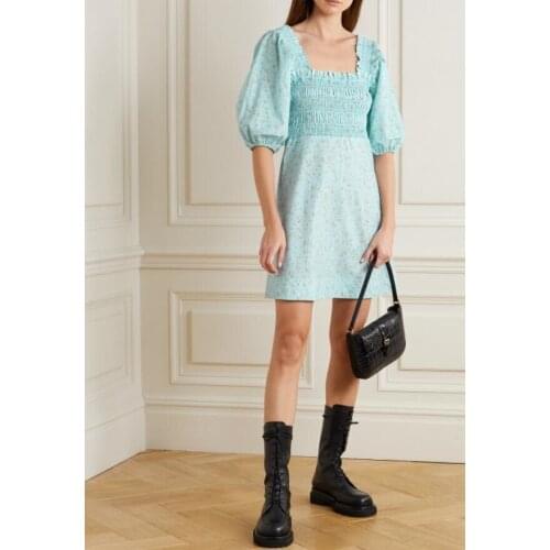 Square Collar Women Floral Mini Dress 2021 New Summer Short Lantern Sleeve Slim Waist A-Line Short Dresses Ladies Pleated Robes