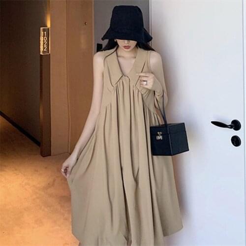 2020 New Slim Tank Dress Cotton Linen Turn-down Collar Vintage Elegant Dress Ladies Sleeveless Dress Vestidos Plus Size M-7XL