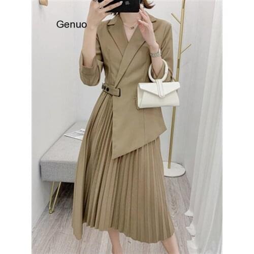 2020 Spring Vintage Pleated Women Dress Elegant High Waist Long Dress Fashion Female Suit Dress Ladies Office Work Dress Vestido