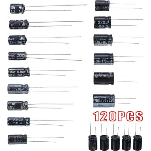 120pcs 50V 15 Values Aluminum Electrolytic Capacitor Fixed Assortment Kit 1UF - 220UF For Circuit Power Supplies