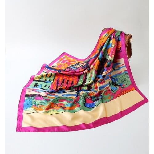 2021 spring Fashion Floral Scarf Women Oil Painting Silk Satin Kerchief Scarfs new 90X90CM Square Shawl Ladies Headband Scarves