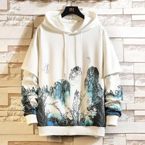 MrGB Landscape Painting 2021 Autumn Men Fake Two Set Hoodie Oversize Chinese Style Vintage Fashion Male Hooded Sweatshirt