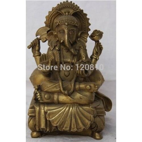 6" Tibet Buddhism Brass Four Hand Elephant Konk Jambhala Wealth Buddha Statue