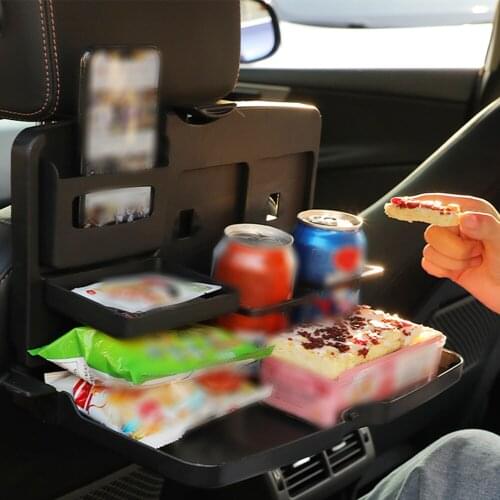 Back Seat Car Organizer with Tray Table Mounted Dining Table Foldable Snack Tray with Bottle Beverage Stand Phone Holder