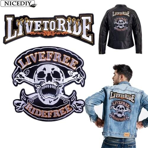 Nicediy Biker Motorcycle Patch Iron On Embroidered Patches For Clothes Stripe Applique Big Punk Skull Patch Back Jacket