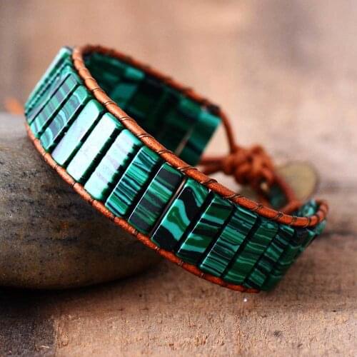 Fashion Bracelets Tube Synthetic Malachite Stonse Single Leather Wrap Bracelet Beaded Couples Bracelet Bestfriend Gifts