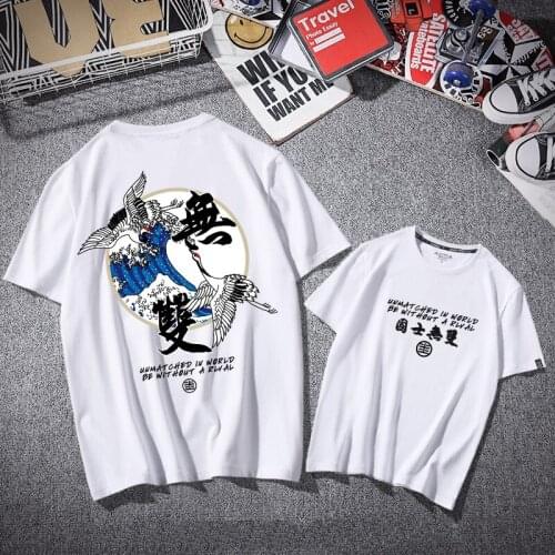 100% Cotton Summer Brief Chinese Print T-Shirt Youthful Korean Version White Retro Comfortable Clothes Hip Hop Harajuku Men Top