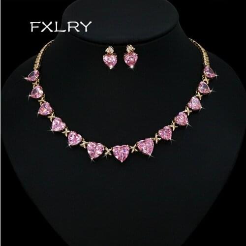 FXLRY Elegant AAA Cubic Zirconia Luxury Pink Heart Engagement Wedding Bridal Necklace Brazillian Gold Jewelry Set
