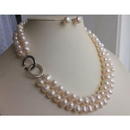 Perfect Cultured Freshwater Pearl Necklace Earrings Jewellery Set AA 9-10MM White Color Pearl Jewellery 17-18inches
