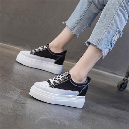 Platform Sneakers Genuine Leather Shoes Women Wedges-shoes Black and White Sneakers 8cm Heel Shoes for Women Shoes Casual New