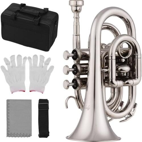 Muslady Mini Pocket Trumpet Bb Flat Brass Material Wind Instrument with Mouthpiece Gloves Cleaning Cloth Carrying Case