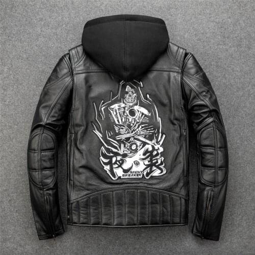 Genuine Mens Leather Jacket Cowhide Thick Bull Hide Embroidery Motorcycle Jacket Motor Bicycle Clothing