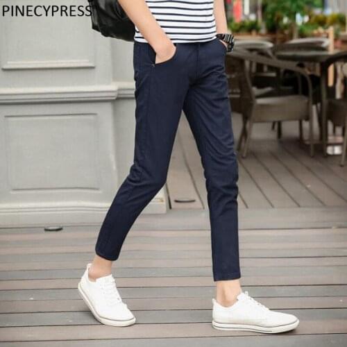 Men ANKLE Length Trousers 95% Cotton Summer Spring Thin Soft Khaki Grey Blue Red Slim Male Young Man Pencil Ninth Pants