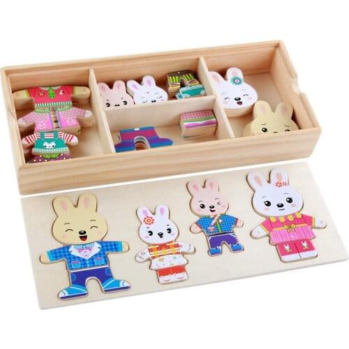 Wooden Puzzle Set Baby Educational Toys Bear Rabbit Changing Clothes Puzzles Kids Childrens Wooden Toy