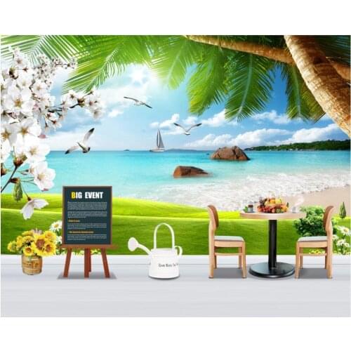 Wall paper 3 d custom mural on the wall Summer sun beach grass coconut tree seagull home decor photo Wallpaper for bedroom walls