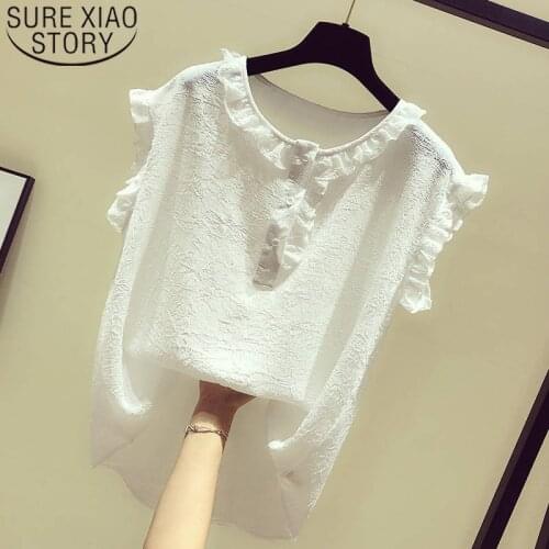 2020 Summer New Korean Style O-neck Sweet Ruffled Chiffon Blouse Women Solid Color Sleeveless Tops Blusas Mujer De Moda 8919 50