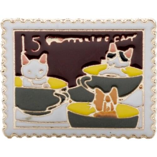 New Fashion Cute Coffee Cup Cat Stamp Brooch Pins значки Metal Enamel Pin on Bags Clothes for Women Men Gift