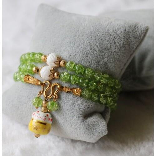 New (Mini Order 1) 6mm Burst Pattern Crystal Bracelets Ceramic Lucky Cat Pendant Female Bracelets Natural Stone Jewelry Making