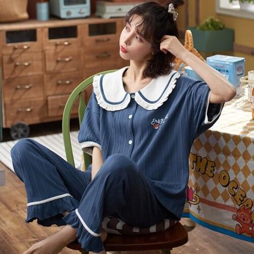 Summer pajamas womens cotton short sleeve trousers thin sweet lovely students loose can wear womens home suit