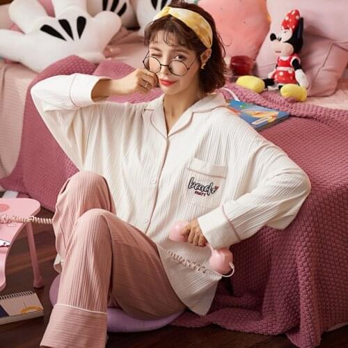 Pajamas Womens Spring And Autumn Summer Pure Cotton Thin Pure Color Suit Loose Can Be Worn Out Home Set