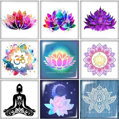 Religious lotus yoga Hand of Fatima Evil eye Square12mm/20mm/25mm/30mm glass cabochon flat back DIY Jewelry Findings Components