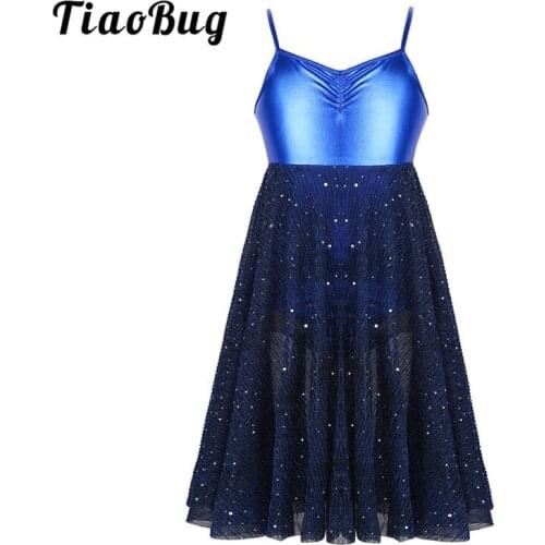 TiaoBug Girls Shiny Sequins Stage Lyrical Dance Costumes Spaghetti Straps Ballet Gymnastics Leotard Kids Ballet Tutu Mesh Dress