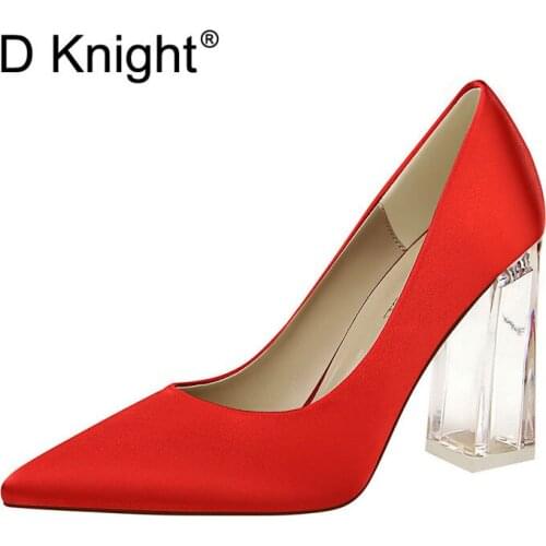 New Satin Women Transparent High Heels Elegant Lady Clear Heels Shoes Sexy Pointed Toe Office Pumps Woman Single Shoes Big Size