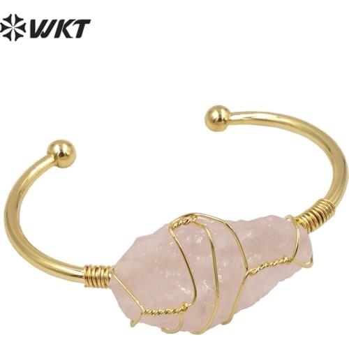 WT-B575 WKT vintage style handmade wire wrapped Raw Stone bangle women fashion gold adjustable raw quartz stone jewelry bangle