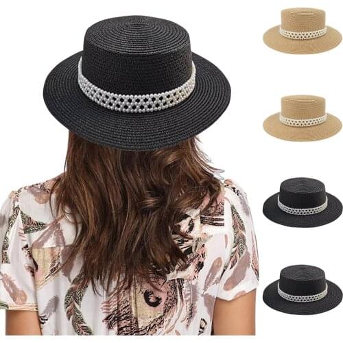 Women Straw Panama Three Rows Pearls Hat Fedora Summer Beach UV Protection Sun Cap Solid Color Flat Top Wide Brim Shading Hat