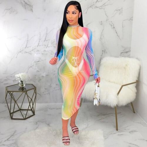 Women Round-Neck Maxi See Through Sexy Dresses Party Night Club Fashion Long Sleeve Mesh High Waist Stretch Dress