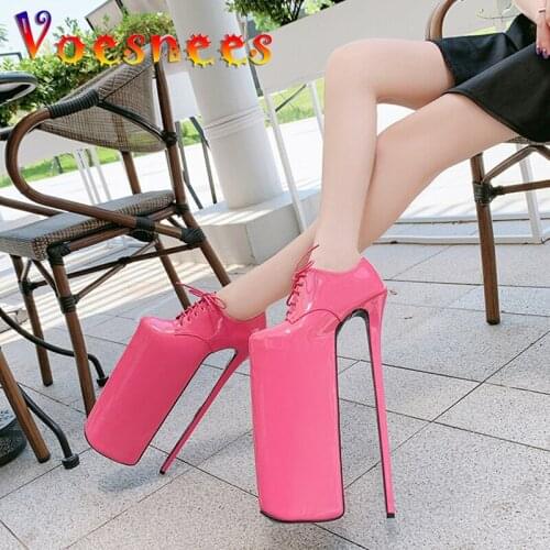 Voesnees Womens Pumps Super High Metal Thin Heels 30cm PU Lace-up Womens Shoes Red Sexy Platfrom Round Toe Party Sexy Shoes