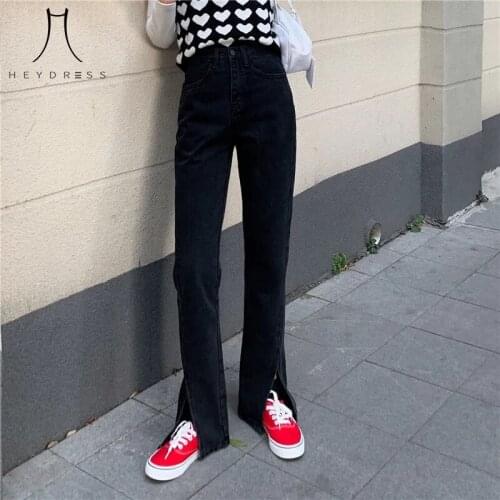 HEYDRESS 2021 women autumn black slim Trendy Trouser female High Waist Jeans Front Split Bell Bottom Long Pant Korean Streetwear