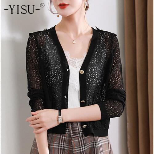 YISU Summer Short Cardigan Women V-Neck Hollow out Cardigan Coat Solid color Short sleeve Sweater Thin Knitted Coats Female