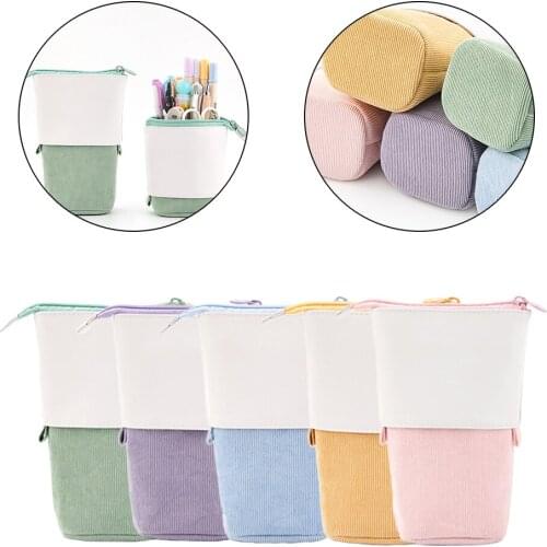 Standing Pencil Telescopic Holder Stationery Pouch PU Corduroy Cosmetics Pouch Makeup Bag Multifunction