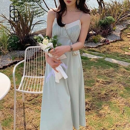 Vintage Elegant Strap Dress Women Sleeveless V-neck Thin Satin Camisole Midi Dress Beach Onee Piece Dress Korean 2021 Summer