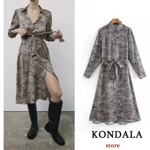 Za Fashion 2021 Women Dress Vintgae Leopard Print Sashes Shirt Dress Long Sleeve Turn Down Collar Mid-Calf Vestidos Mujer