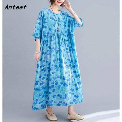 Short sleeve cotton vintage floral dresses for women casual loose long woman summer dress elegant clothes 2021