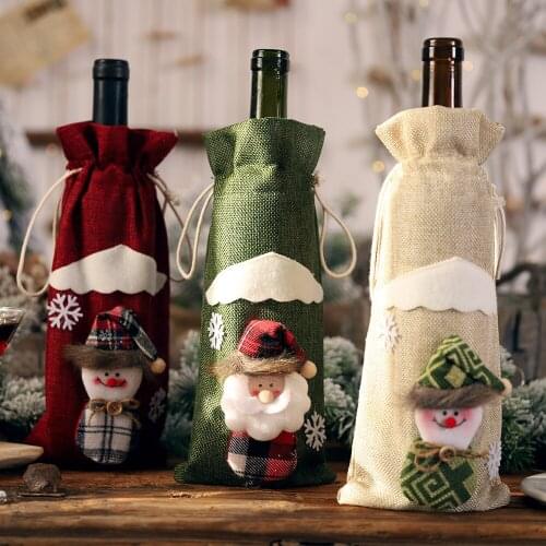 2pcs 2020 Christmas Red Wine Bottle Covers Bag Santa Clause Snowman Linen Champagne Bottle Covers Christmas Party Home Decor