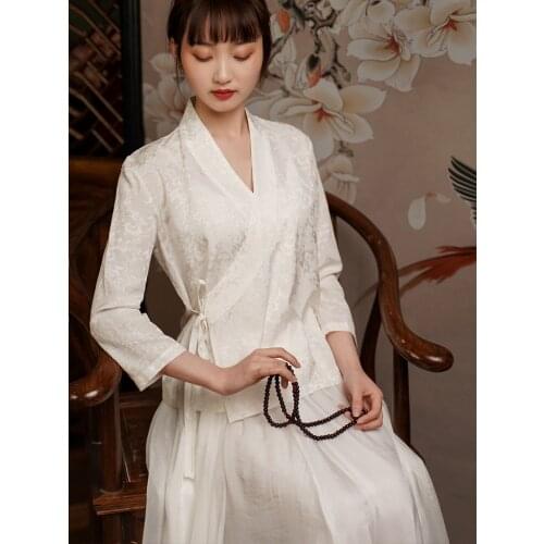 2021 chinese cotton and linen graceful vintage improved qipao home service uniform v-neck elegant tea art clothing tang suit