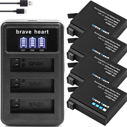 4Pcs 1600mAh AHDBT-401 Battery + LCD Dual Charger for Gopro Hero 4 Batteries Go Pro Hero4 bateria AHDBT 401 Camera Accessories