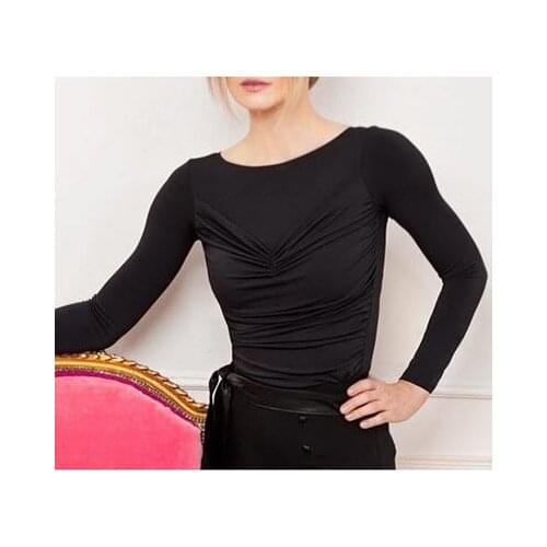 Modern dance wrinkled V shape front breast round neck long sleeve modern dance blouse top T12070
