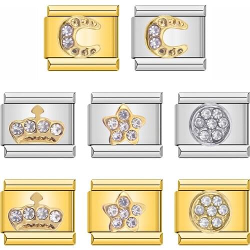 Hapiship 2021 New Fashion Sweet Crown Wing Star Round CZ Charm Links Fit 9mm Bracelet Stainless Steel DIY Making Jewelry DJ013