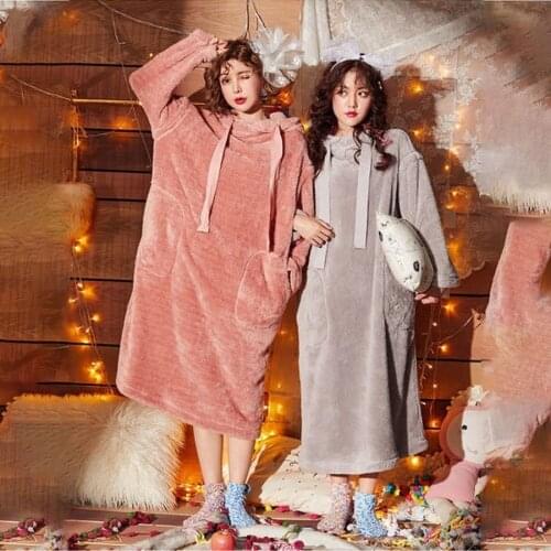 Home Spring Women Nightgowns and Outerwear Hooded Warm Girl Students Korean Style Cute Loose Nightgown Female Sleepdress