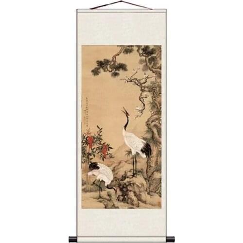 Chinese Ink Crane Pine Tree Wall Art Decor Scroll Painting Vintage Living Room Bedroom Home Office Decor Poster Wall Paintings