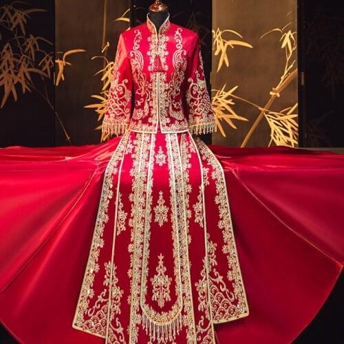 Chinese Wedding Dress Red Golden Embroidery Flowers Banquet Costume Classic Cheongsam China Qipao костюм для восточных