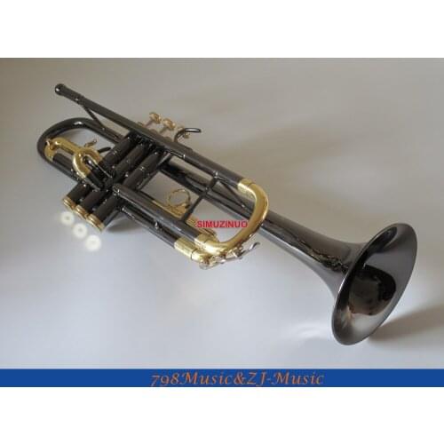 Black Nickel Body and Gold Plated Trumpet Bb Key Engraving Bell Horn With Case