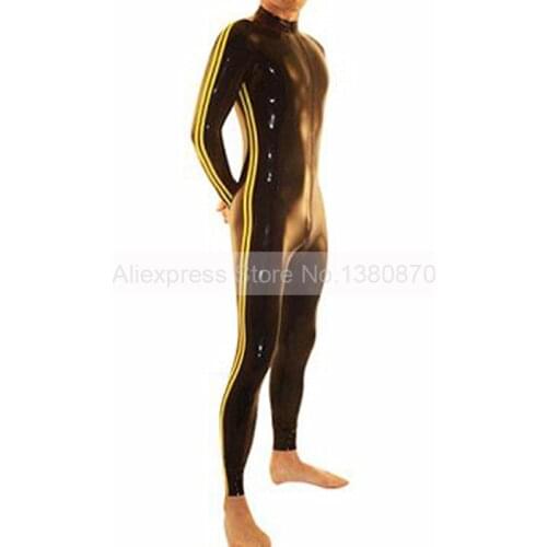 Latex Male Bodysuit with Body Side Trims Sexy Rubber Latex Suit Catsuit with Front Zipper Custom Made S-LCM007