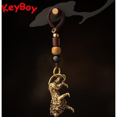 Brass Big Lion Figurines Car Key Chain Pendant Men Vintage Luxury Handmade Braided Rope Keychain Hanging Jewelry Lanyard Keyring